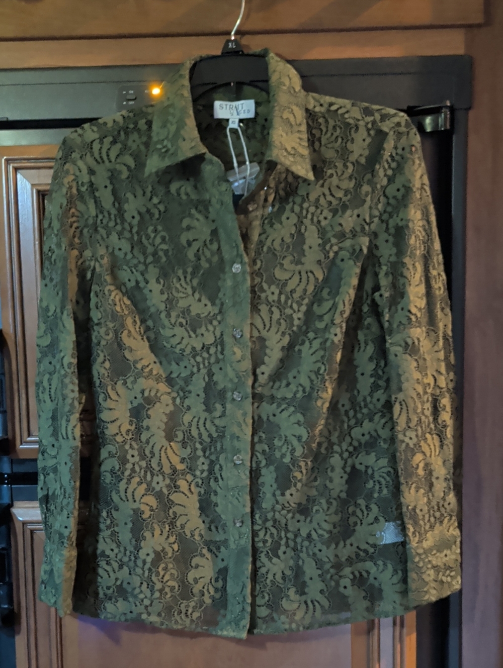 Olive Green Lace Button-Up Shirt